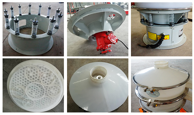 塑料振動篩彈簧底座安裝，振動電機安裝，篩網(wǎng)，防塵蓋等安裝圖片展示